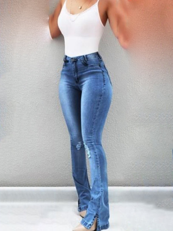 High Waist Slit Hem Flare Jeans - Serenity Land fashion