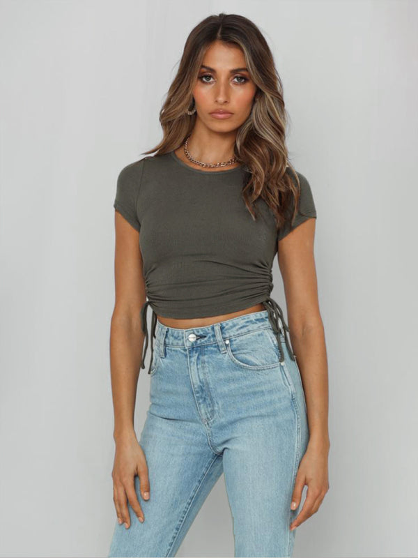 Solid Color Ruched Crop T-shirt