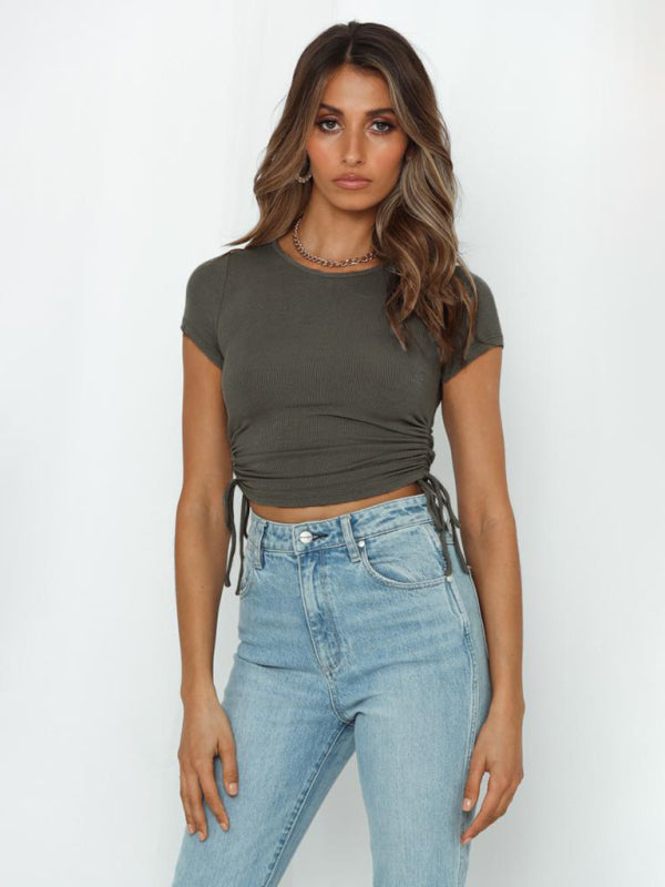 Solid Color Ruched Crop T-shirt