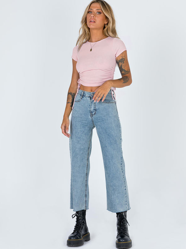Solid Color Ruched Crop T-shirt