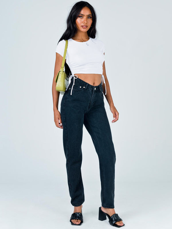 Solid Color Ruched Crop T-shirt