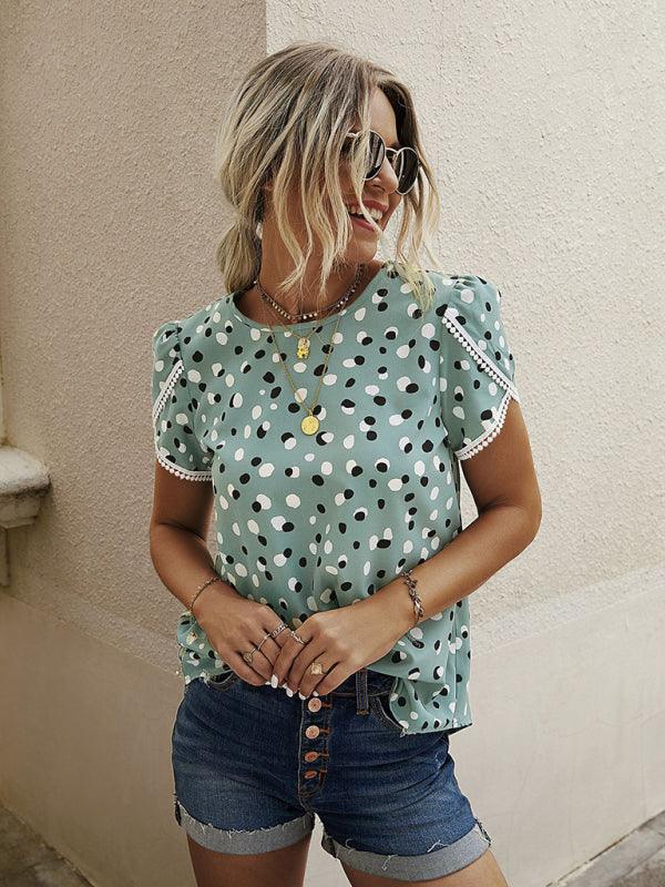 Polka Dot Print Slit Short Sleeve Crew Neck Top - Serenity Land fashion