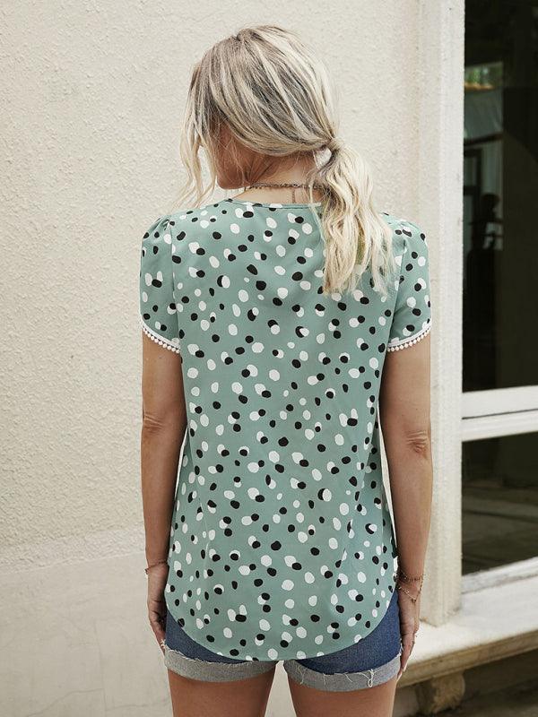 Polka Dot Print Slit Short Sleeve Crew Neck Top - Serenity Land fashion