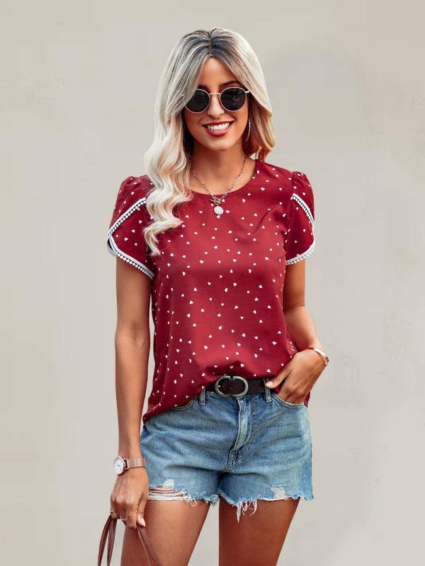 Polka Dot Print Slit Short Sleeve Crew Neck Top - Serenity Land fashion