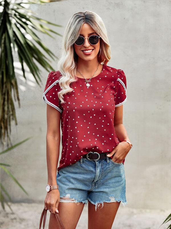 Polka Dot Print Slit Short Sleeve Crew Neck Top - Serenity Land fashion