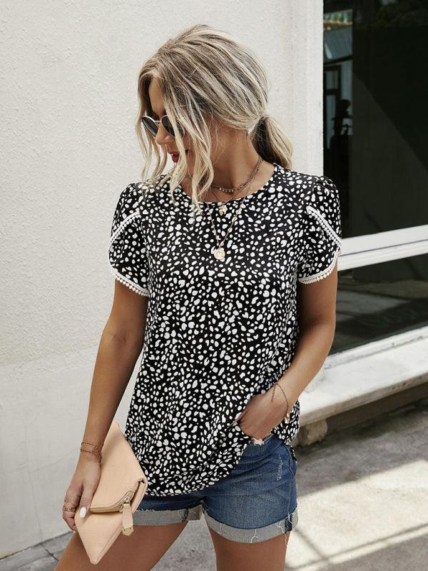 Polka Dot Print Slit Short Sleeve Crew Neck Top - Serenity Land fashion