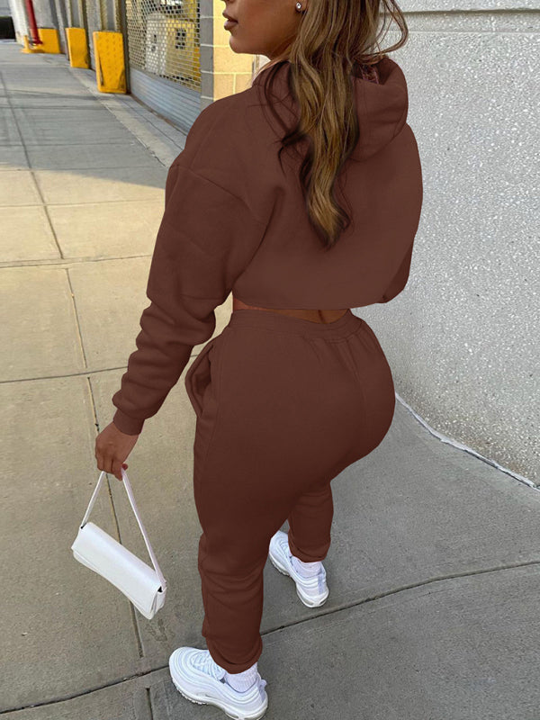 Women's Solid Color Hoodie & Drawstring Trousers with Vest Three-Piece Suit