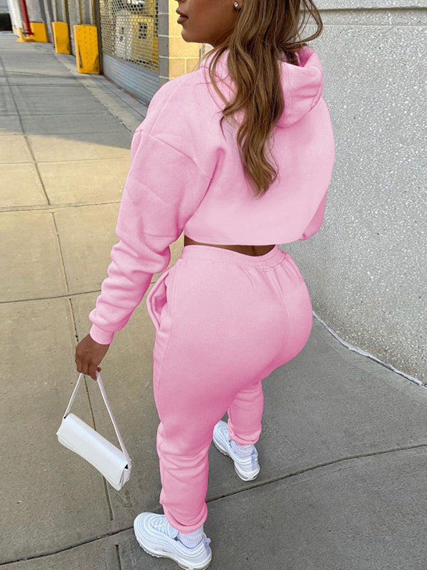 Women's Solid Color Hoodie & Drawstring Trousers with Vest Three-Piece Suit