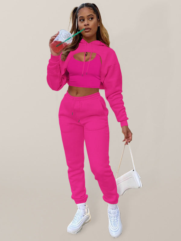 Women's Solid Color Hoodie & Drawstring Trousers with Vest Three-Piece Suit