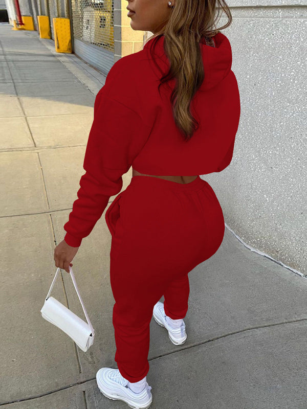 Women's Solid Color Hoodie & Drawstring Trousers with Vest Three-Piece Suit