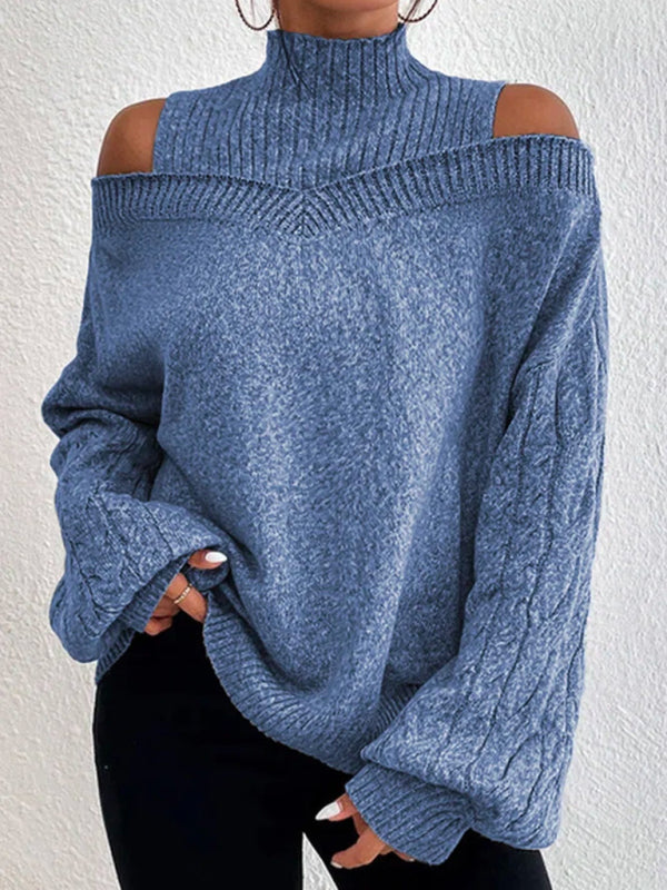 Solid color turtleneckoff-the-shoulder long-sleeved sweater - Serenity Land fashion