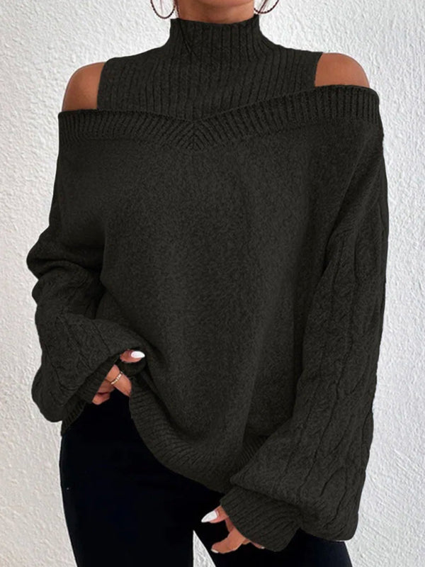 Solid color turtleneckoff-the-shoulder long-sleeved sweater - Serenity Land fashion