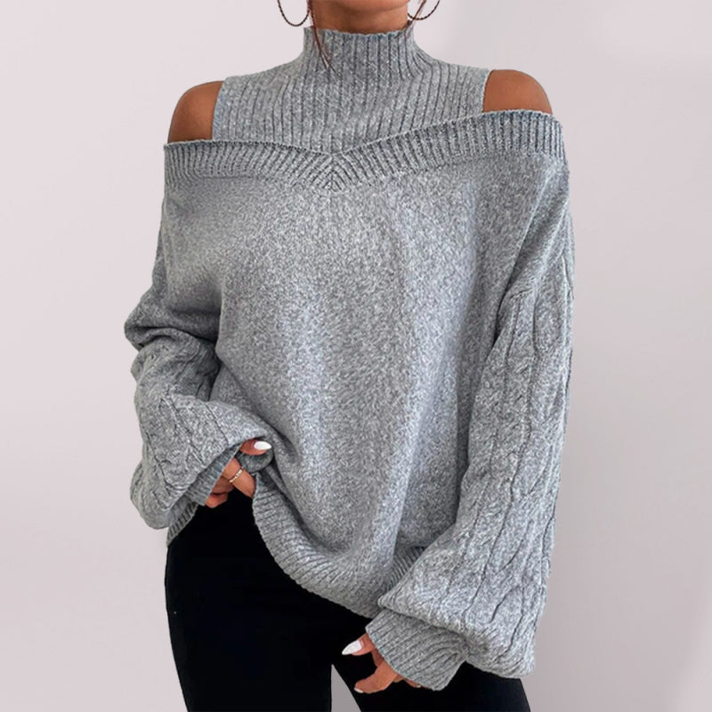 Solid color turtleneckoff-the-shoulder long-sleeved sweater - Serenity Land fashion