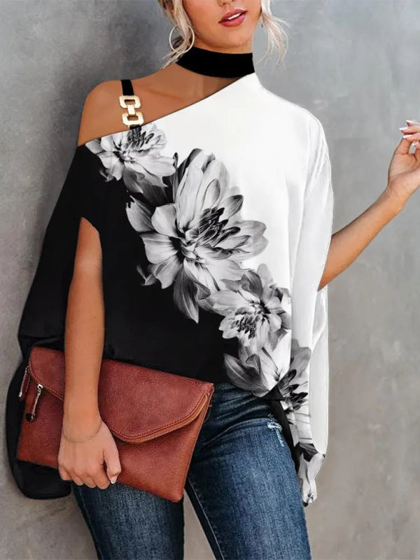 Halter Neck Dolman Sleeve Print Shirt - Serenity Land fashion