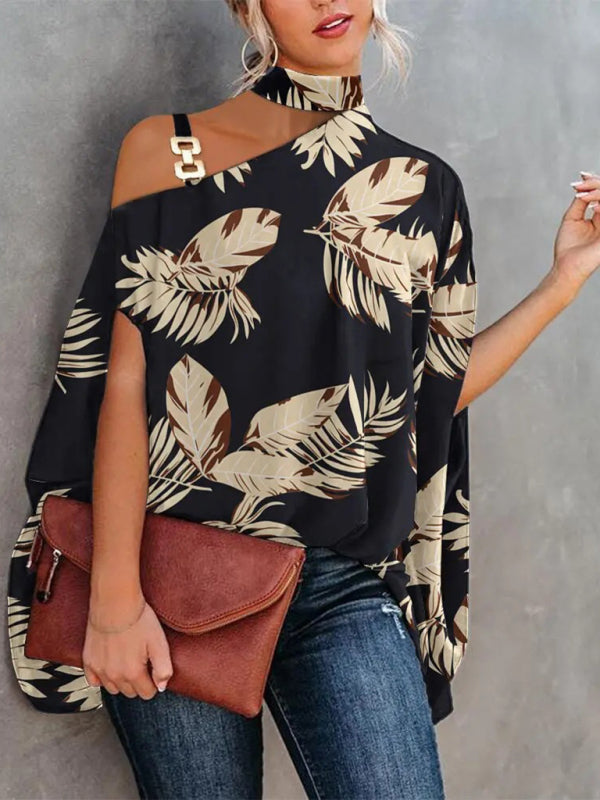 Halter Neck Dolman Sleeve Print Shirt - Serenity Land fashion