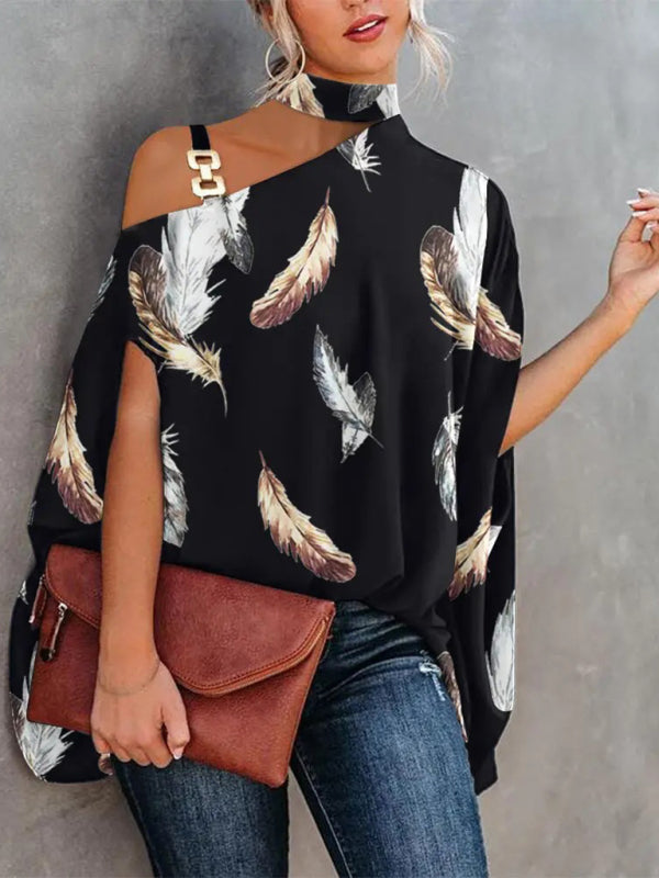Halter Neck Dolman Sleeve Print Shirt - Serenity Land fashion