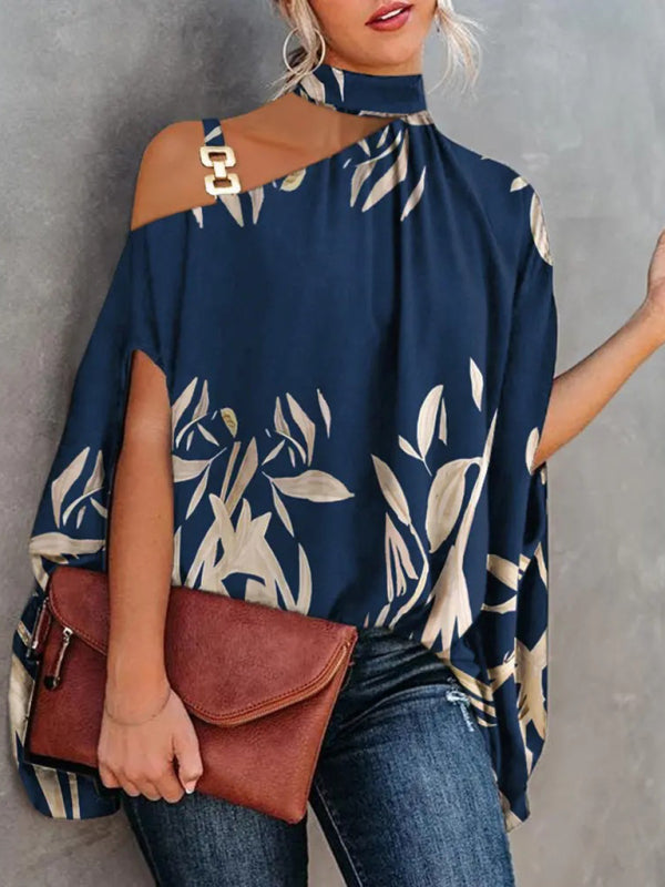 Halter Neck Dolman Sleeve Print Shirt - Serenity Land fashion