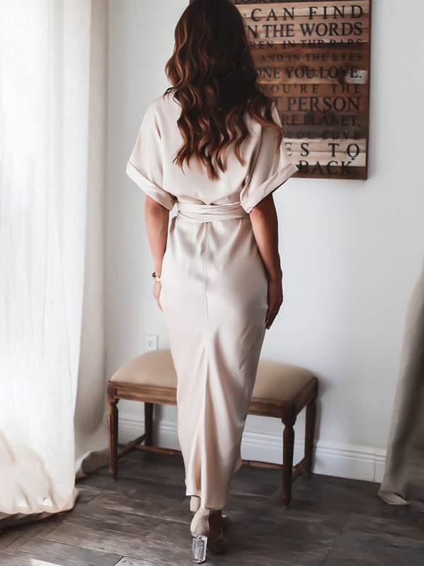 Solid color pleated short sleeve shirt dress - Serenity Land fashion