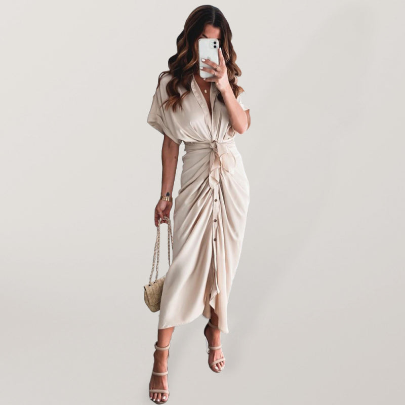 Solid color pleated short sleeve shirt dress - Serenity Land fashion