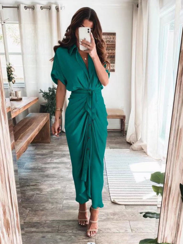 Solid color pleated short sleeve shirt dress - Serenity Land fashion