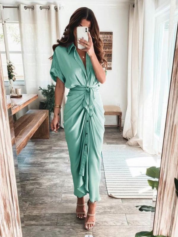 Solid color pleated short sleeve shirt dress - Serenity Land fashion