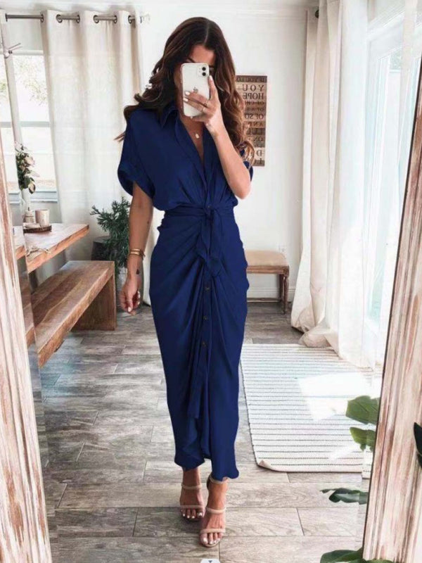 Solid color pleated short sleeve shirt dress - Serenity Land fashion