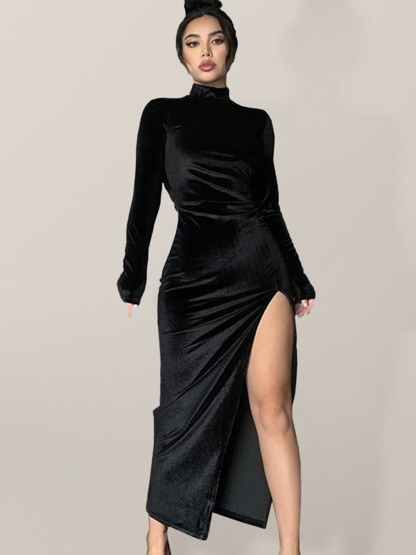 High-neck long velvet pleated slit dress - Serenity Land fashion