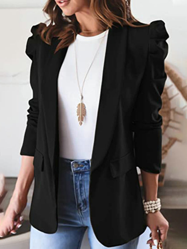 long-sleeved shoulder pad puff sleeve slim suit - Serenity Land fashion