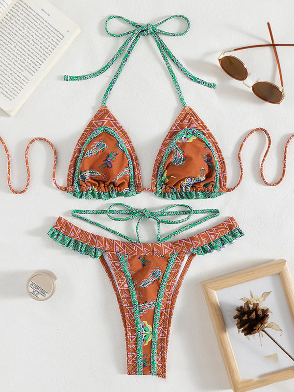 Women's print halter neck tie bikini - Serenity Land fashion