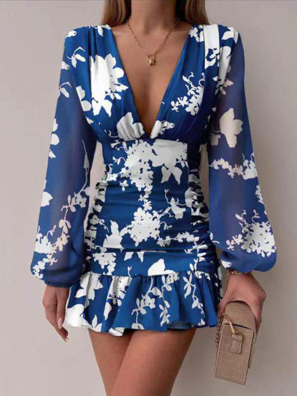 V-neck Lantern Long Sleeve Dress - Serenity Land fashion