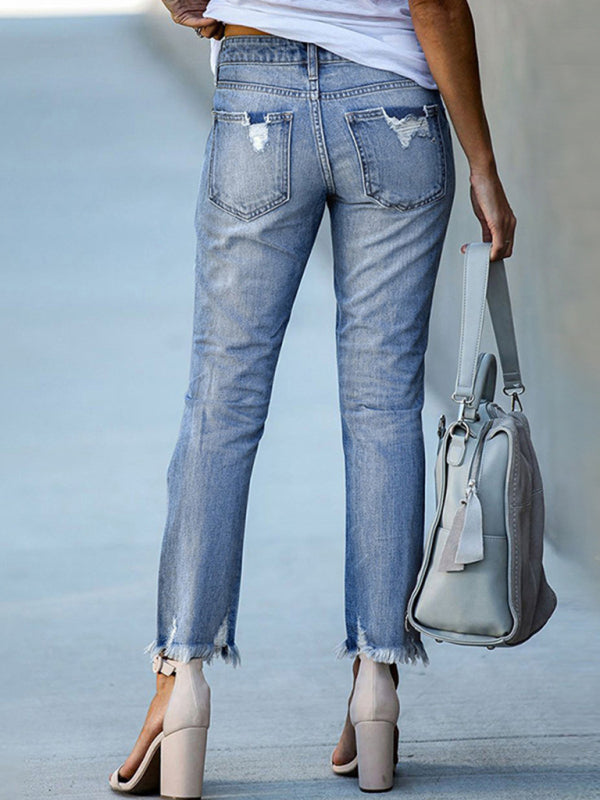 Raw edge ripped slim fit slim jeans - Serenity Land fashion