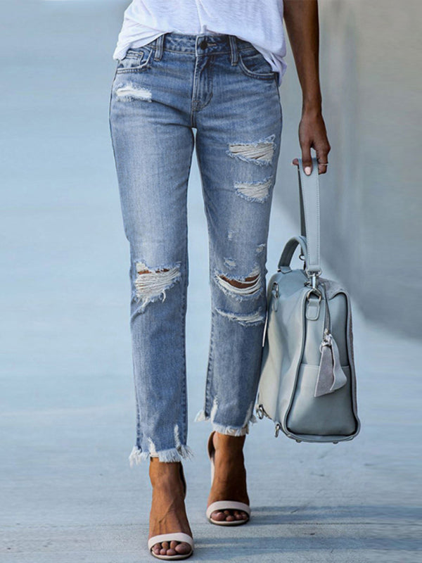 Raw edge ripped slim fit slim jeans - Serenity Land fashion