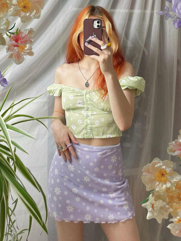 Printed mesh skirt high waist double layer slim wrap hip skirt - Serenity Land fashion