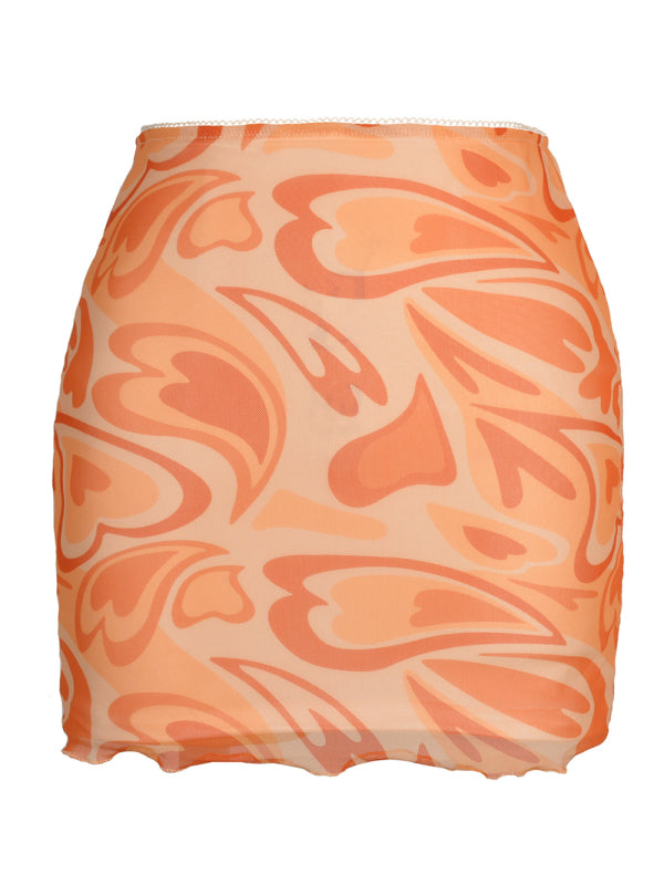 Printed mesh skirt high waist double layer slim wrap hip skirt - Serenity Land fashion