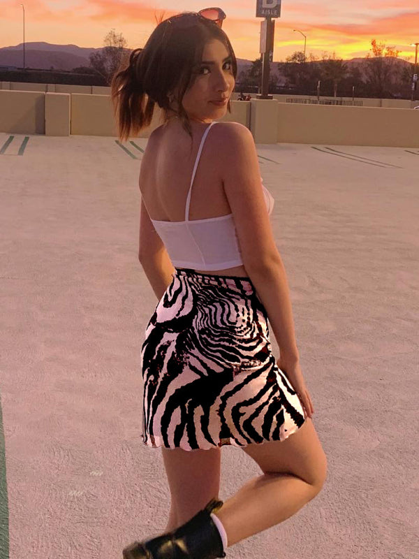 Printed mesh skirt high waist double layer slim wrap hip skirt - Serenity Land fashion