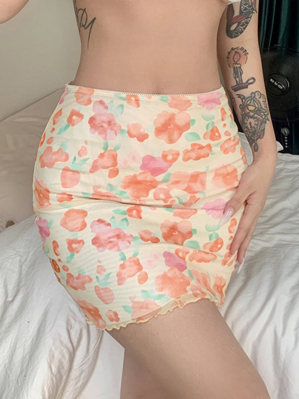 Printed mesh skirt high waist double layer slim wrap hip skirt - Serenity Land fashion