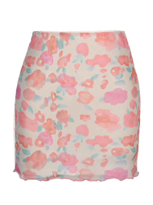 Printed mesh skirt high waist double layer slim wrap hip skirt - Serenity Land fashion