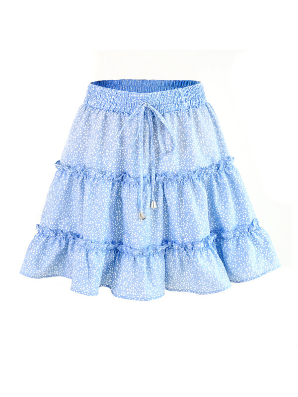 Solid Color Tiered Ruffle Waist Tie Mini Skirt - Serenity Land fashion