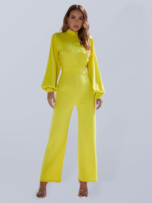 Solid color turtleneck open back long sleeve jumpsuit - Serenity Land fashion