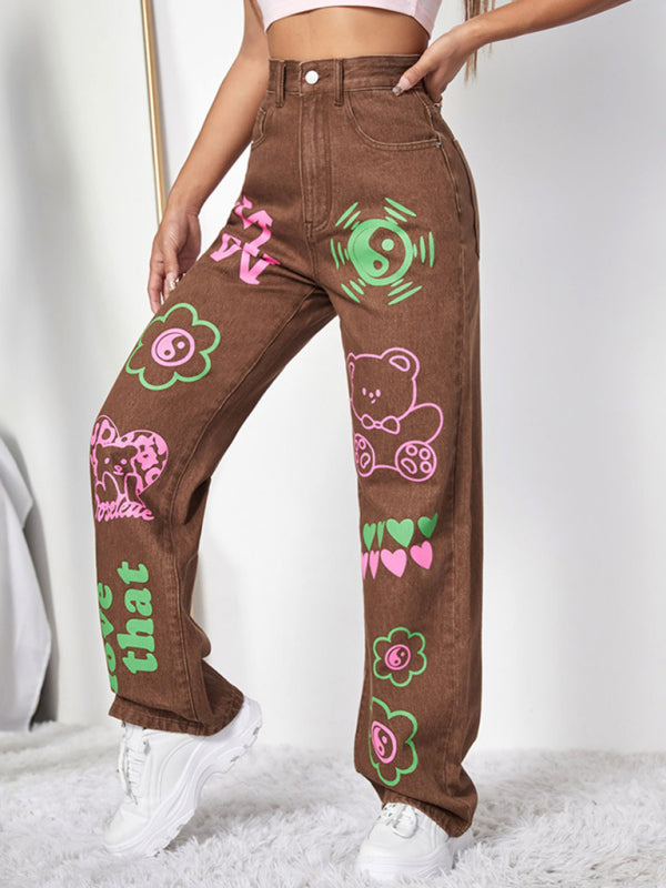 Graffiti Graphics On The Front Wide-leg Silhouette Jeans - Serenity Land fashion