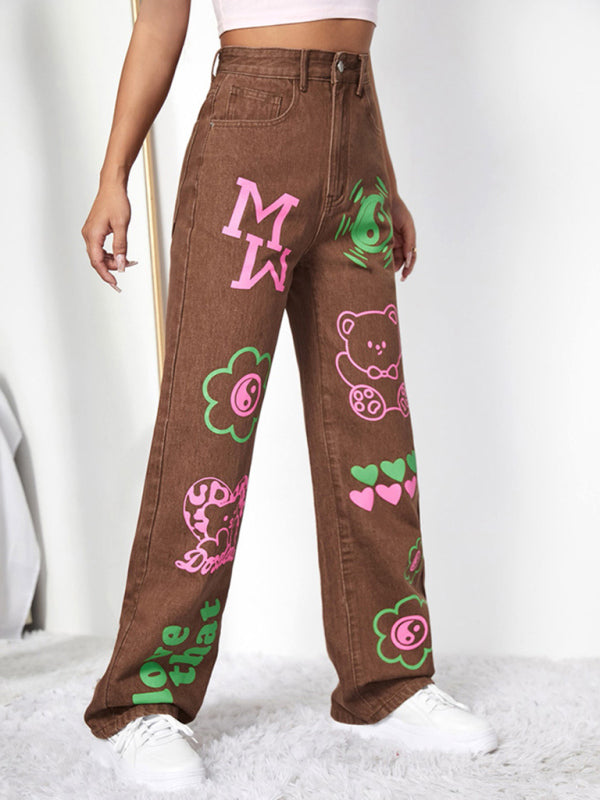 Graffiti Graphics On The Front Wide-leg Silhouette Jeans - Serenity Land fashion