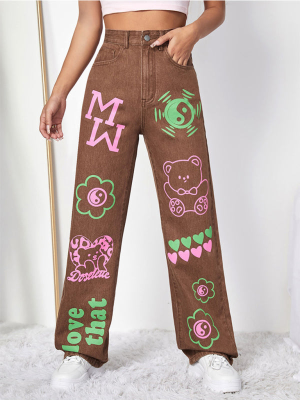 Graffiti Graphics On The Front Wide-leg Silhouette Jeans - Serenity Land fashion