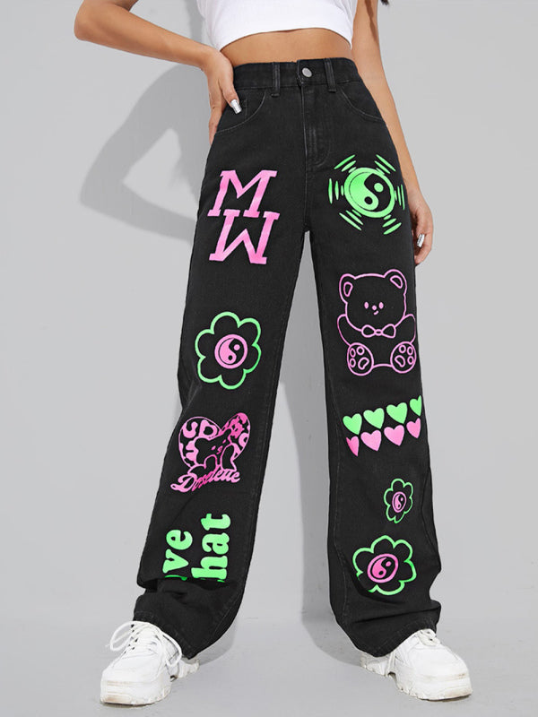 Graffiti Graphics On The Front Wide-leg Silhouette Jeans - Serenity Land fashion