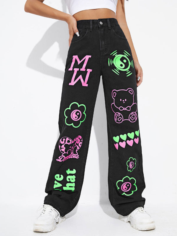 Graffiti Graphics On The Front Wide-leg Silhouette Jeans - Serenity Land fashion