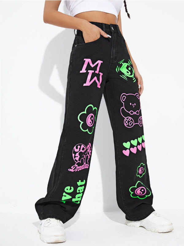 Graffiti Graphics On The Front Wide-leg Silhouette Jeans - Serenity Land fashion