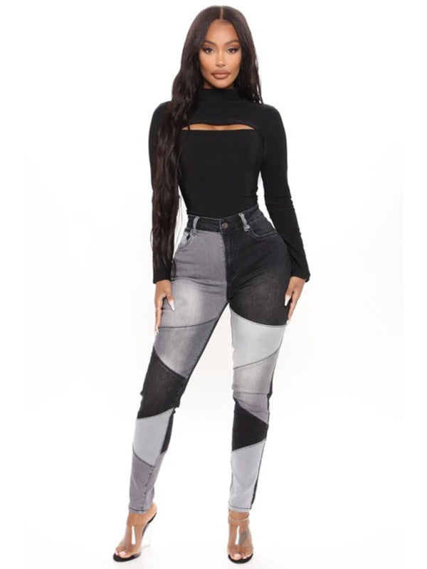 High Waist Colorblock Skinny Jeans - Serenity Land fashion