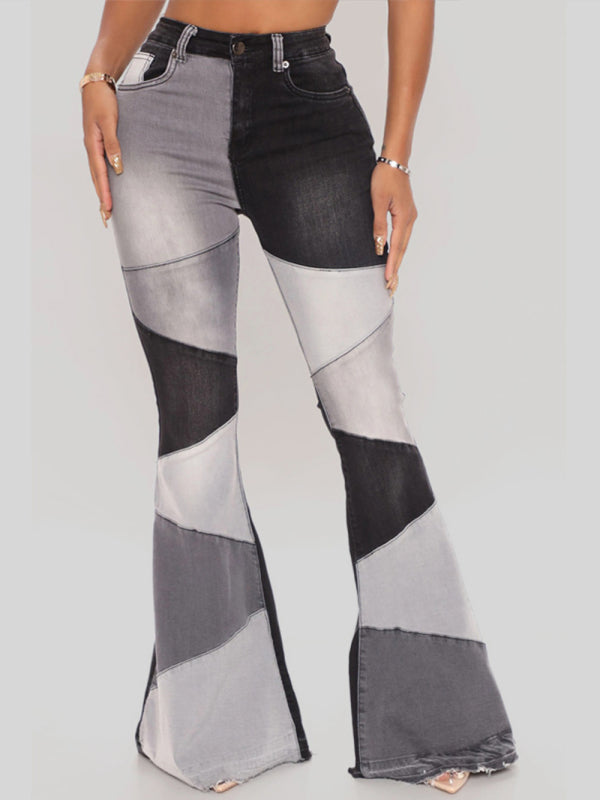 Colorblock High Waist Flared Jeans - Serenity Land fashion