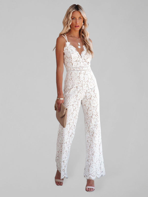 Solid Color V-neck Straps Lace Jumpsuit - Serenity Land fashion