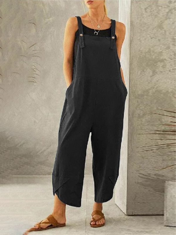 Solid color casual button up suspender jumpsuit - Serenity Land fashion
