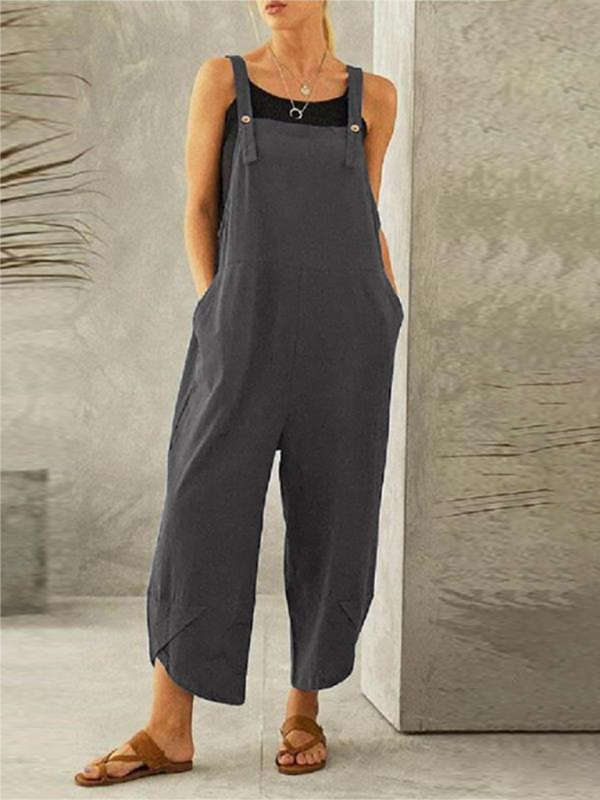 Solid color casual button up suspender jumpsuit - Serenity Land fashion